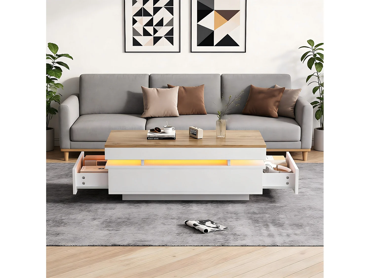 Table basse laquée brillante moderne - 100 x 50 x 35 cm - avec 2 tiroirs + Leds - aggloméré - blanc + naturel