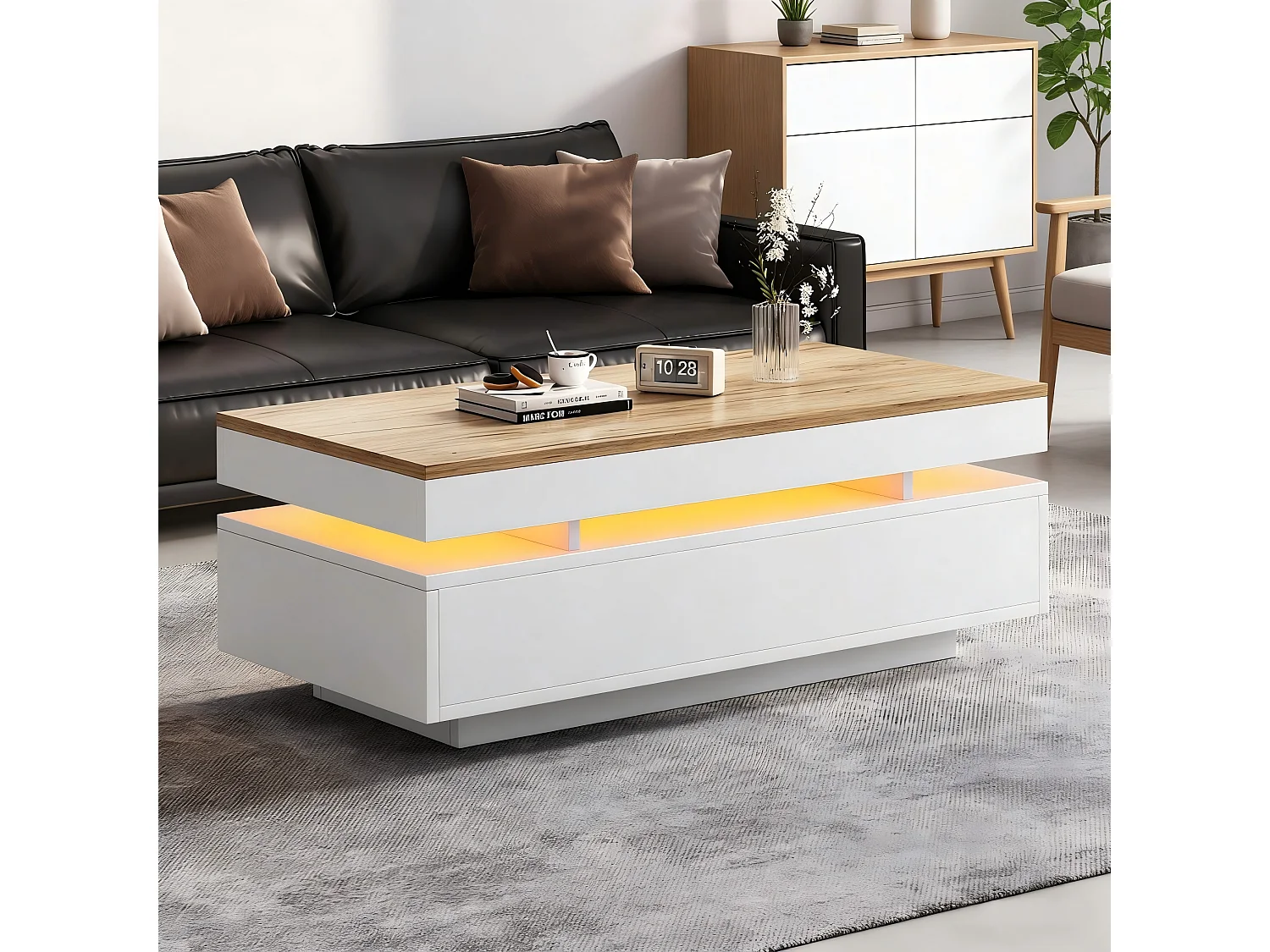 Table basse laquée brillante moderne - 100 x 50 x 35 cm - avec 2 tiroirs + Leds - aggloméré - blanc + naturel