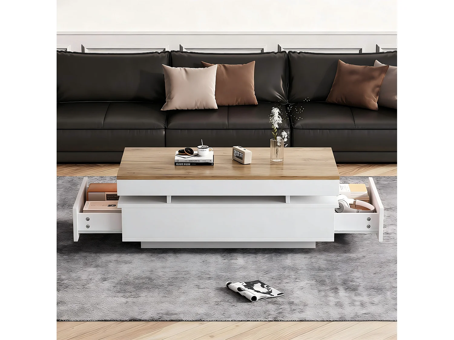 Table basse laquée brillante moderne - 100 x 50 x 35 cm - avec 2 tiroirs + Leds - aggloméré - blanc + naturel