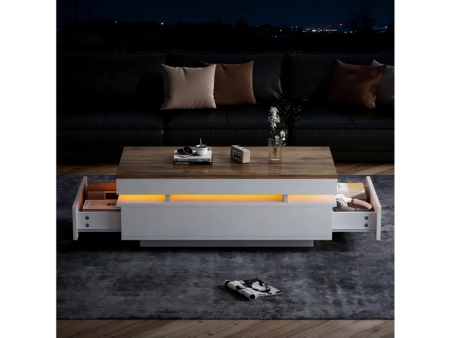 Table basse laquée brillante moderne - 100 x 50 x 35 cm - avec 2 tiroirs + Leds - aggloméré - blanc + naturel