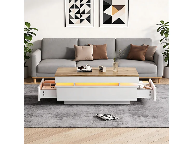 Table basse laquée brillante moderne - 100 x 50 x 35 cm - avec 2 tiroirs + Leds - aggloméré - blanc + naturel