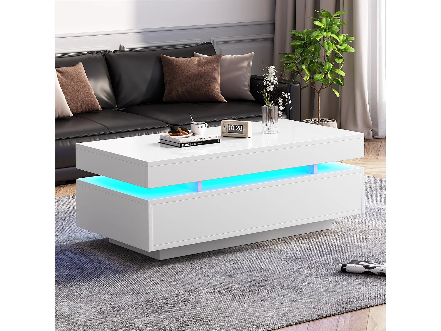 Table basse laquée brillante moderne - 100 x 50 x 35 cm - avec 2 tiroirs + Leds - aggloméré - blanc