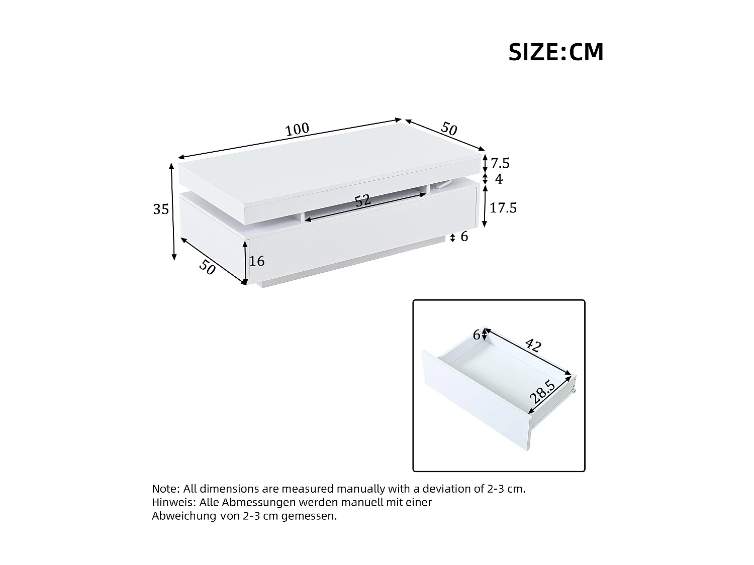Table basse laquée brillante moderne - 100 x 50 x 35 cm - avec 2 tiroirs + Leds - aggloméré - blanc