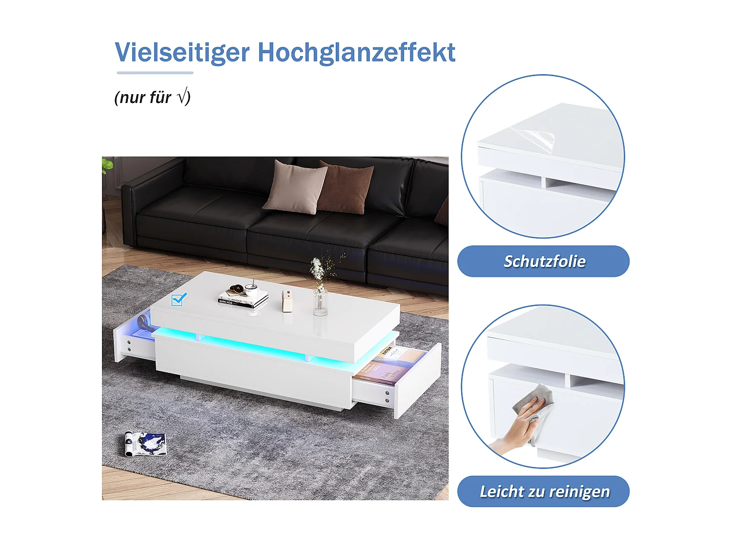 Table basse laquée brillante moderne - 100 x 50 x 35 cm - avec 2 tiroirs + Leds - aggloméré - blanc