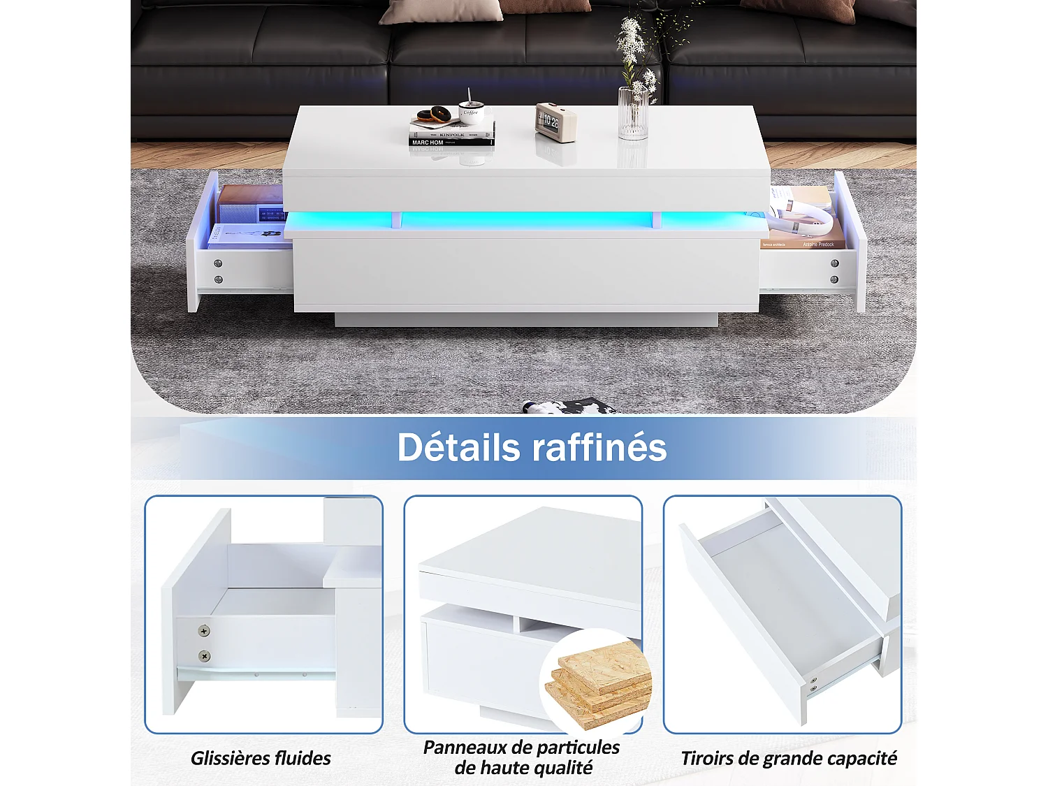 Table basse laquée brillante moderne - 100 x 50 x 35 cm - avec 2 tiroirs + Leds - aggloméré - blanc
