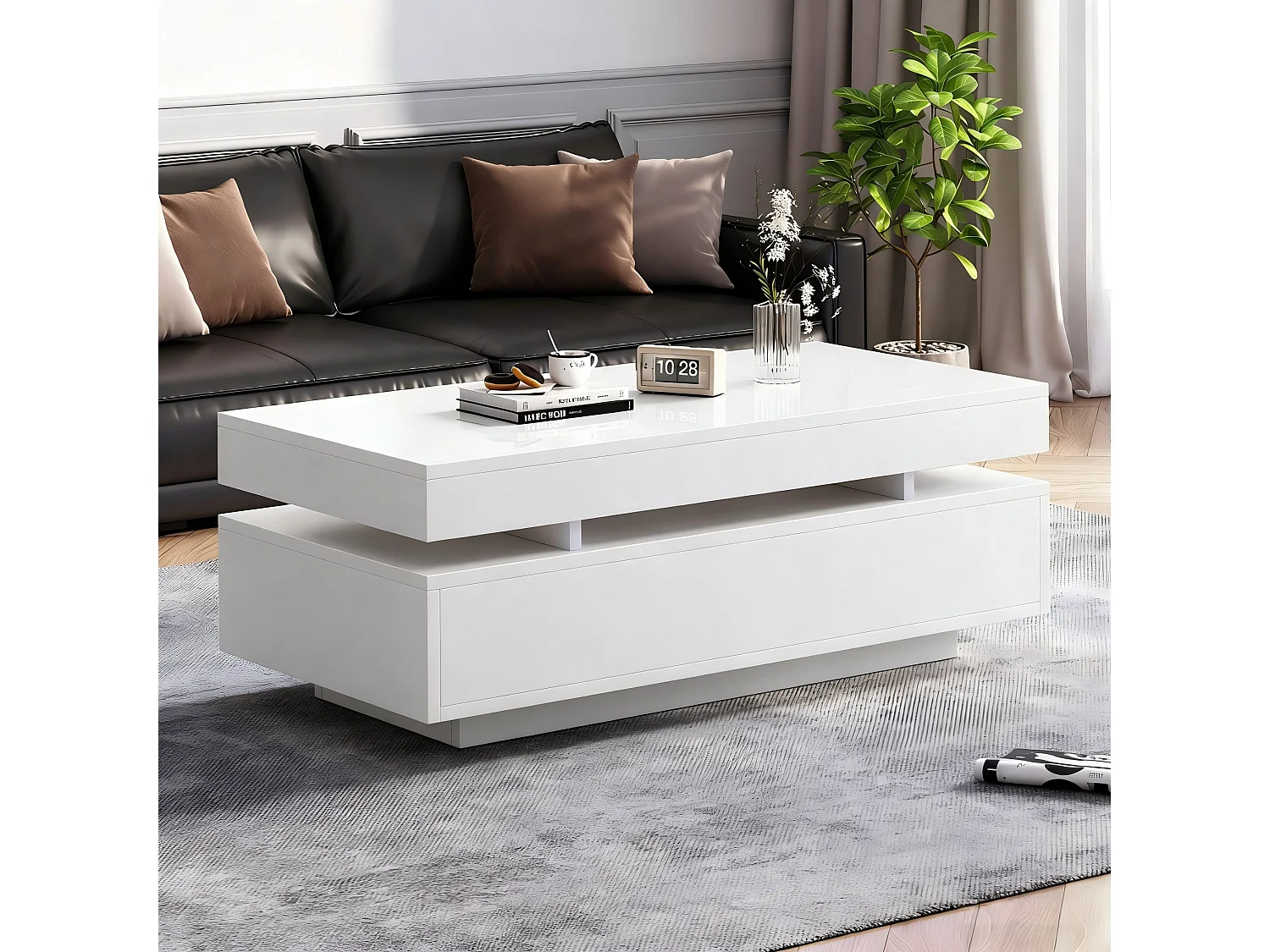 Table basse laquée brillante moderne - 100 x 50 x 35 cm - avec 2 tiroirs + Leds - aggloméré - blanc