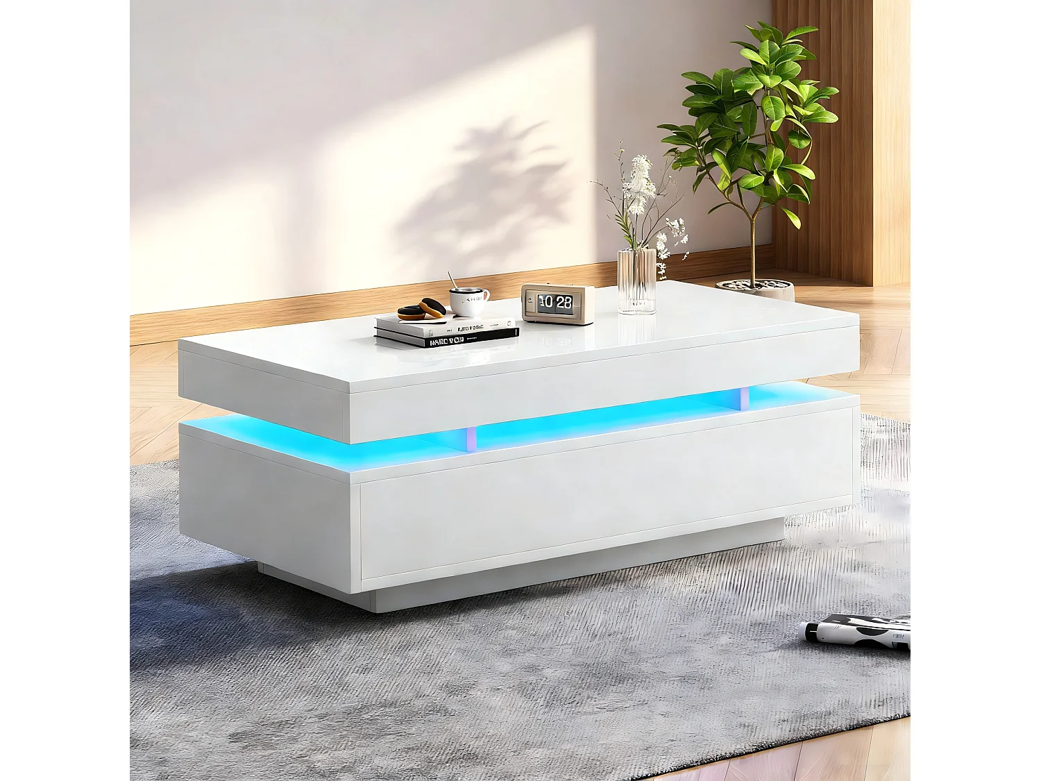 Table basse laquée brillante moderne - 100 x 50 x 35 cm - avec 2 tiroirs + Leds - aggloméré - blanc