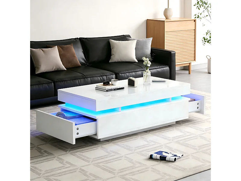 Table basse laquée brillante moderne - 100 x 50 x 35 cm - avec 2 tiroirs + Leds - aggloméré - blanc