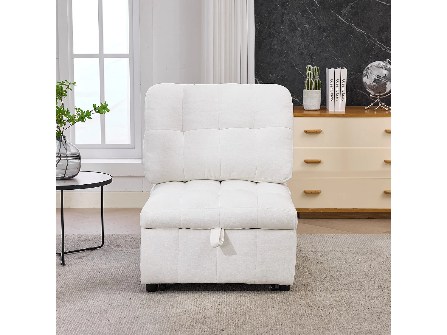 Canapé-lit convertible - 68 x 95 x 76 cm - avec dossier réglable + profondeur d'assise ajustable  - tissu - blanc