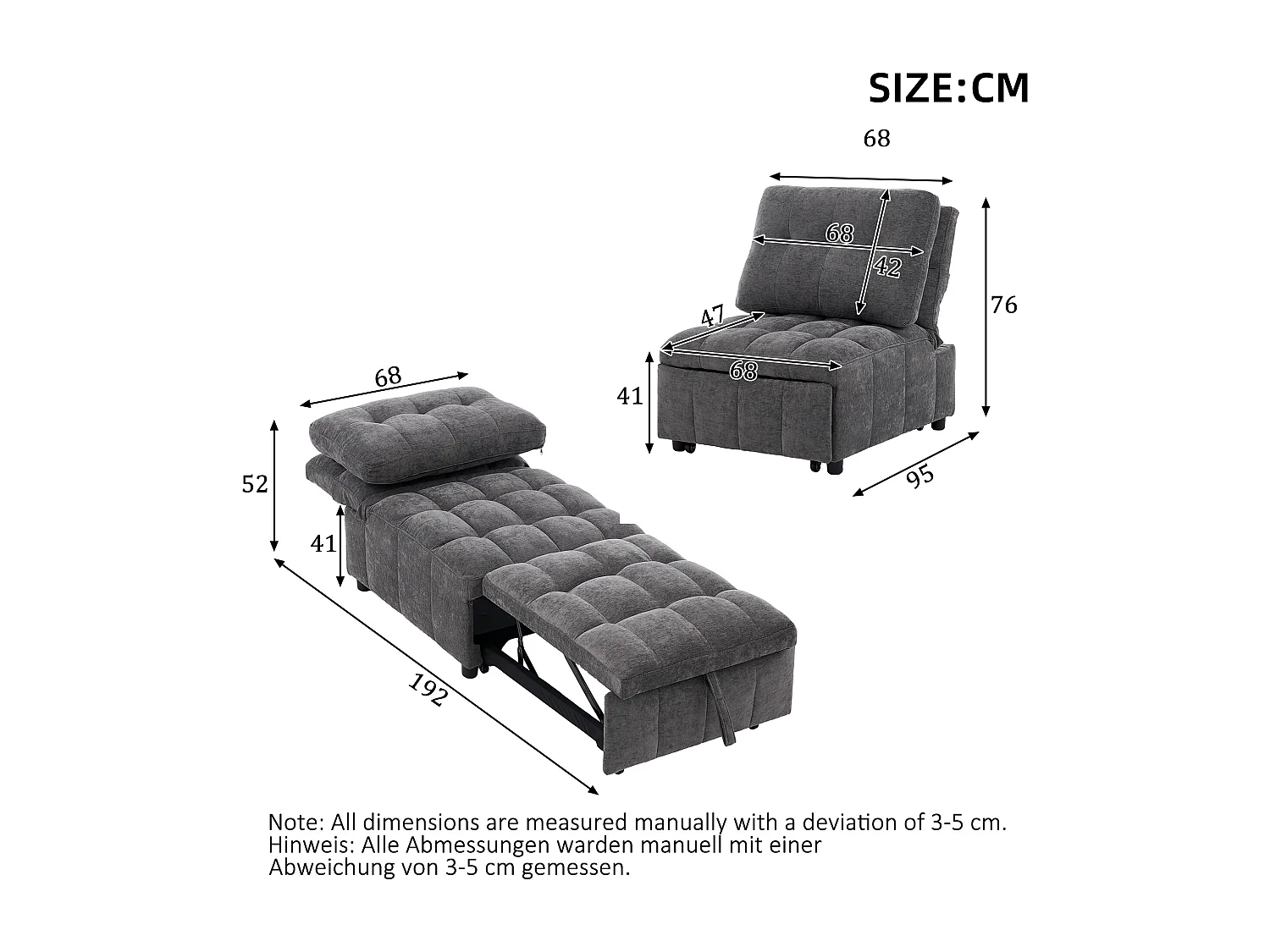 Canapé-lit convertible - 68 x 95 x 76 cm - avec dossier réglable + profondeur d'assise ajustable  - tissu - gris