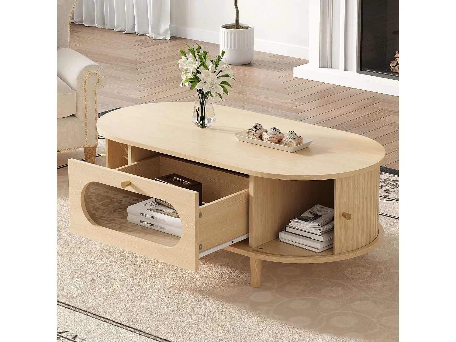 Table basse de salon - 100 x 50 x 36 cm - avec 1 tiroir + portes coulissantes - MDF - naturel