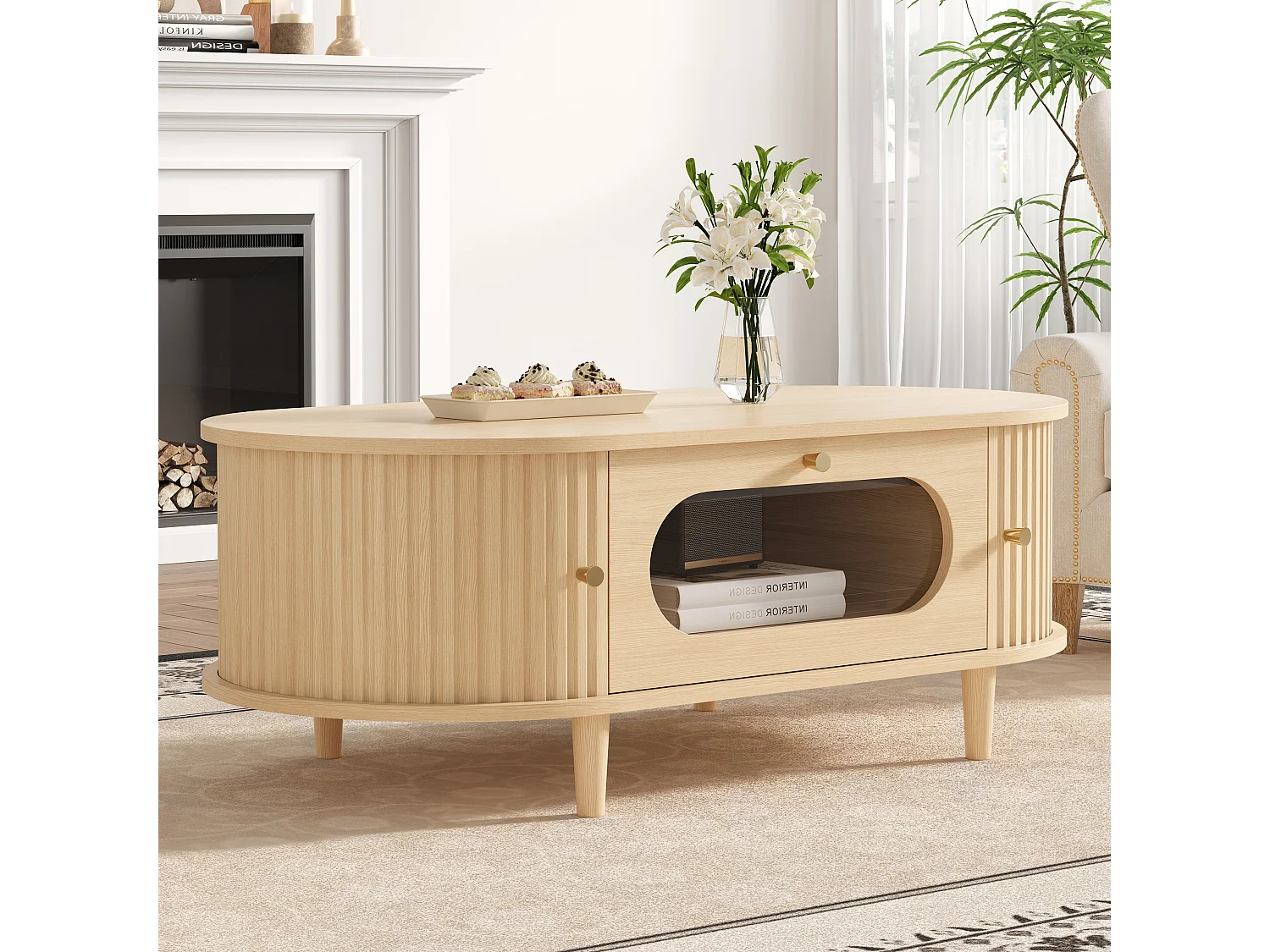 Table basse de salon - 100 x 50 x 36 cm - avec 1 tiroir + portes coulissantes - MDF - naturel