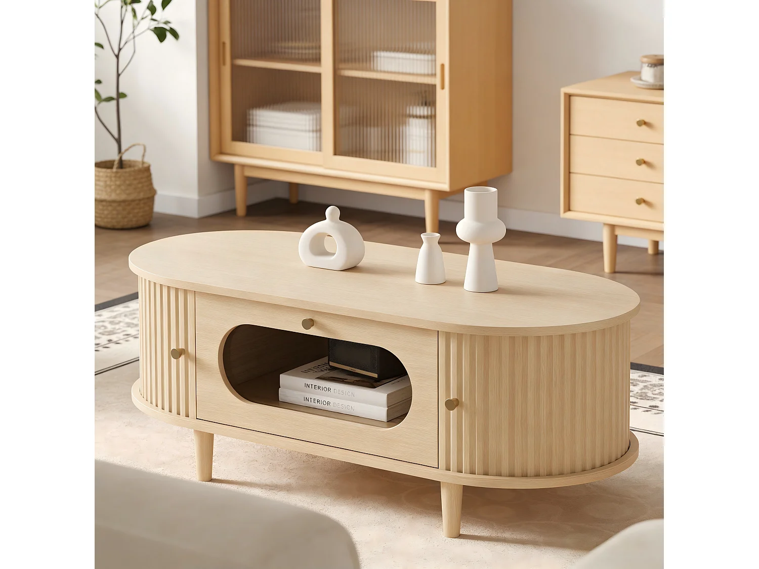 Table basse de salon - 100 x 50 x 36 cm - avec 1 tiroir + portes coulissantes - MDF - naturel