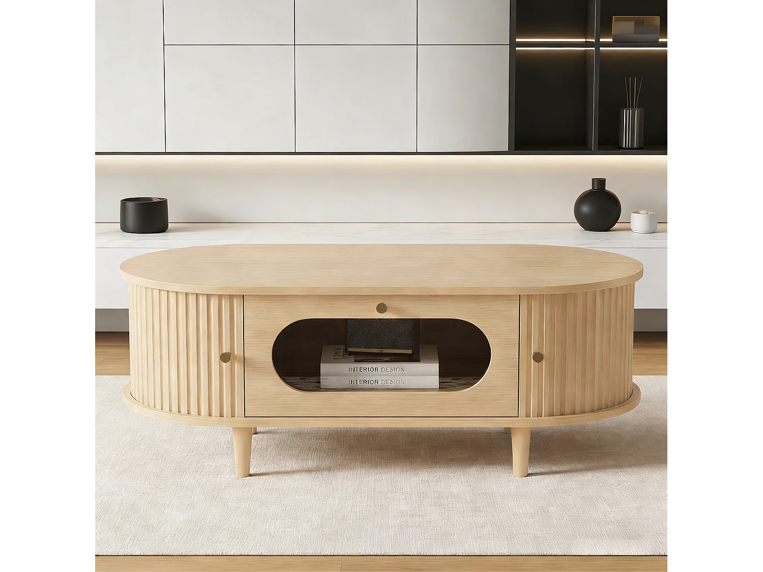 Table basse de salon - 100 x 50 x 36 cm - avec 1 tiroir + portes coulissantes - MDF - naturel