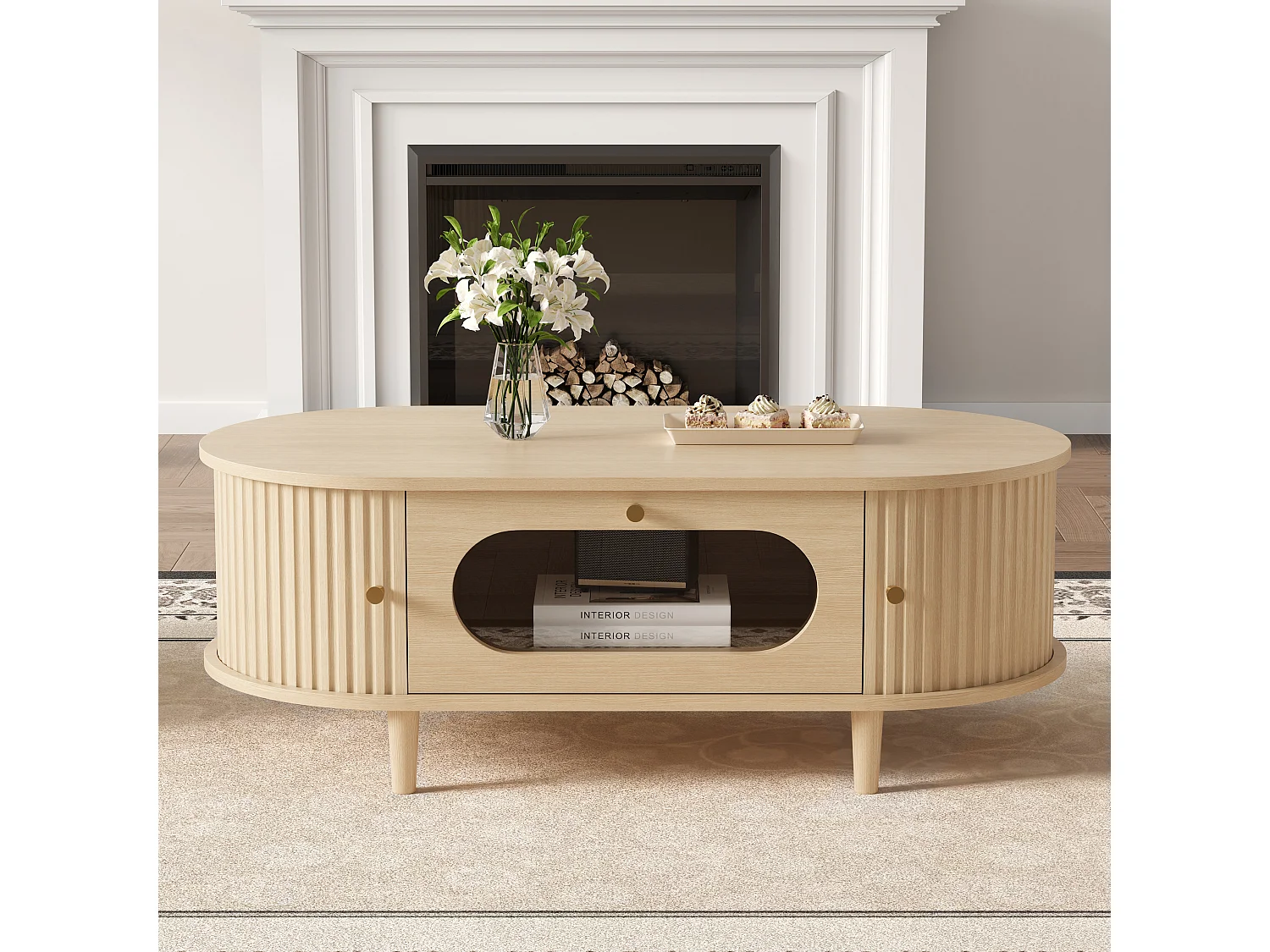 Table basse de salon - 100 x 50 x 36 cm - avec 1 tiroir + portes coulissantes - MDF - naturel