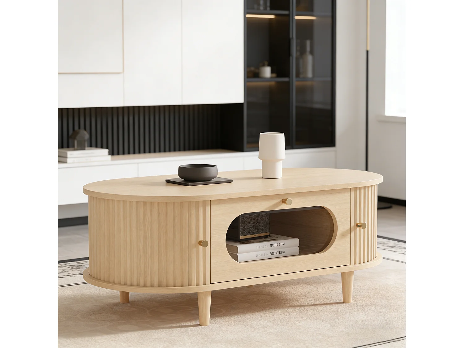 Table basse de salon - 100 x 50 x 36 cm - avec 1 tiroir + portes coulissantes - MDF - naturel