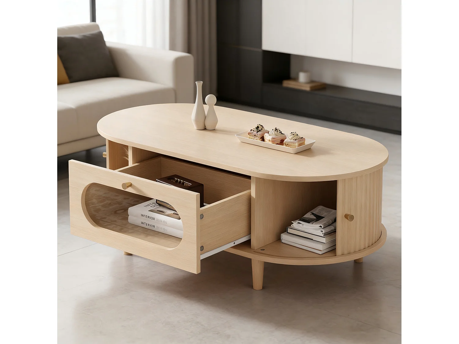 Table basse de salon - 100 x 50 x 36 cm - avec 1 tiroir + portes coulissantes - MDF - naturel