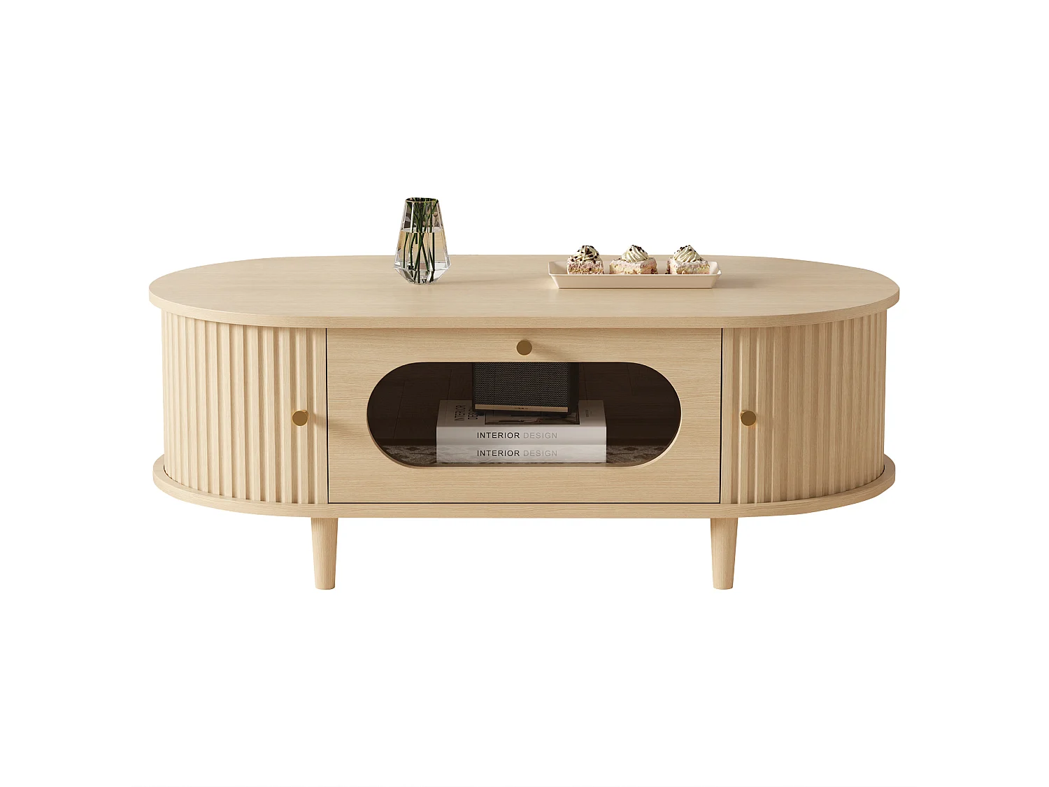 Table basse de salon - 100 x 50 x 36 cm - avec 1 tiroir + portes coulissantes - MDF - naturel