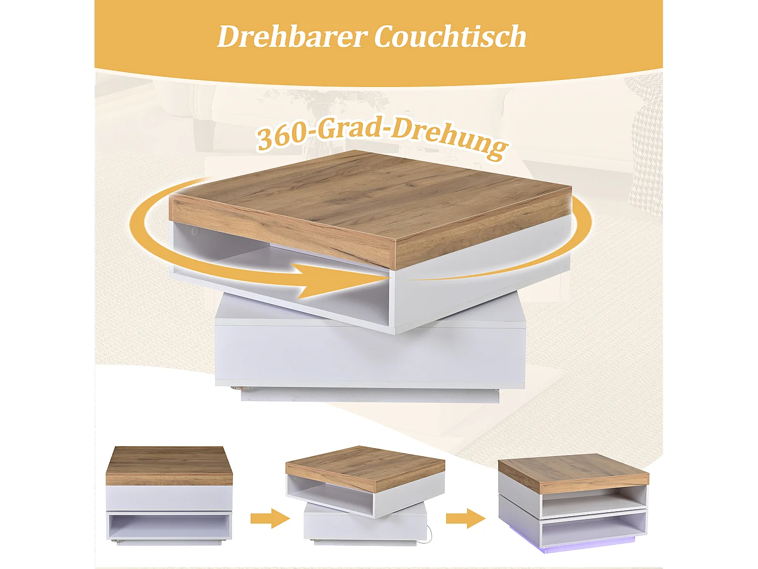 Table basse pivotante à 360° - 65 x 65 x 40 cm - avec Leds + rangement - MDF - blanc + naturel