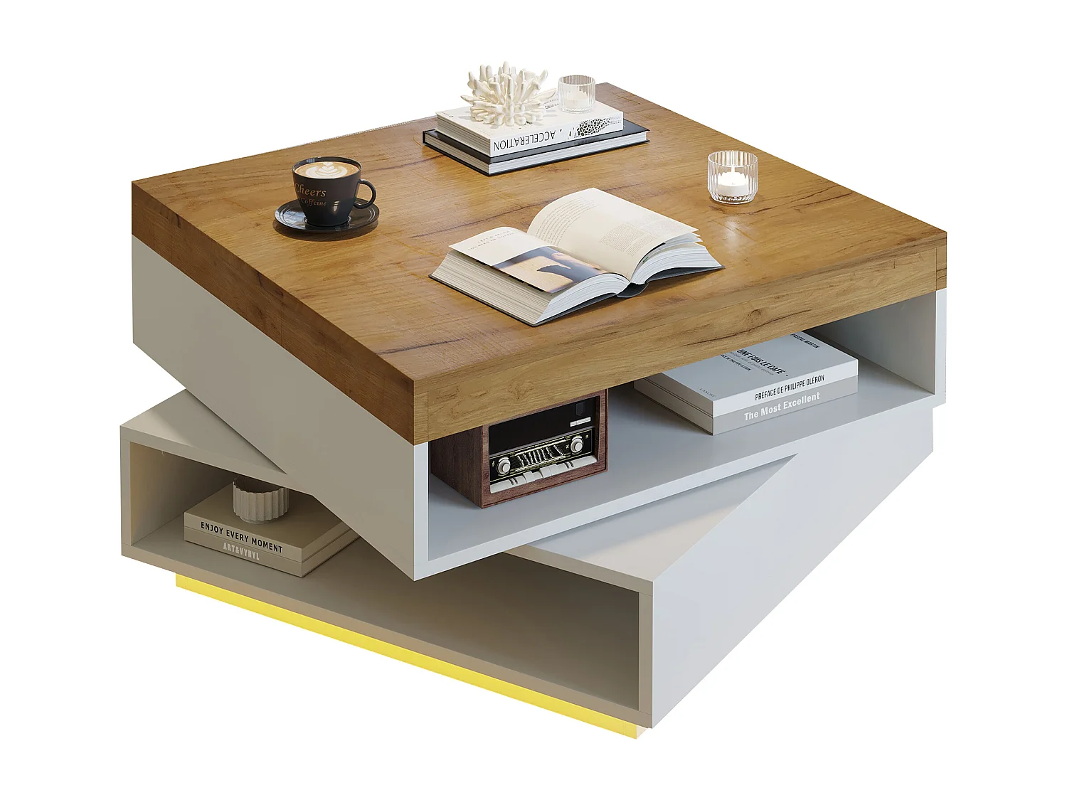 Table basse pivotante à 360° - 65 x 65 x 40 cm - avec Leds + rangement - MDF - blanc + naturel
