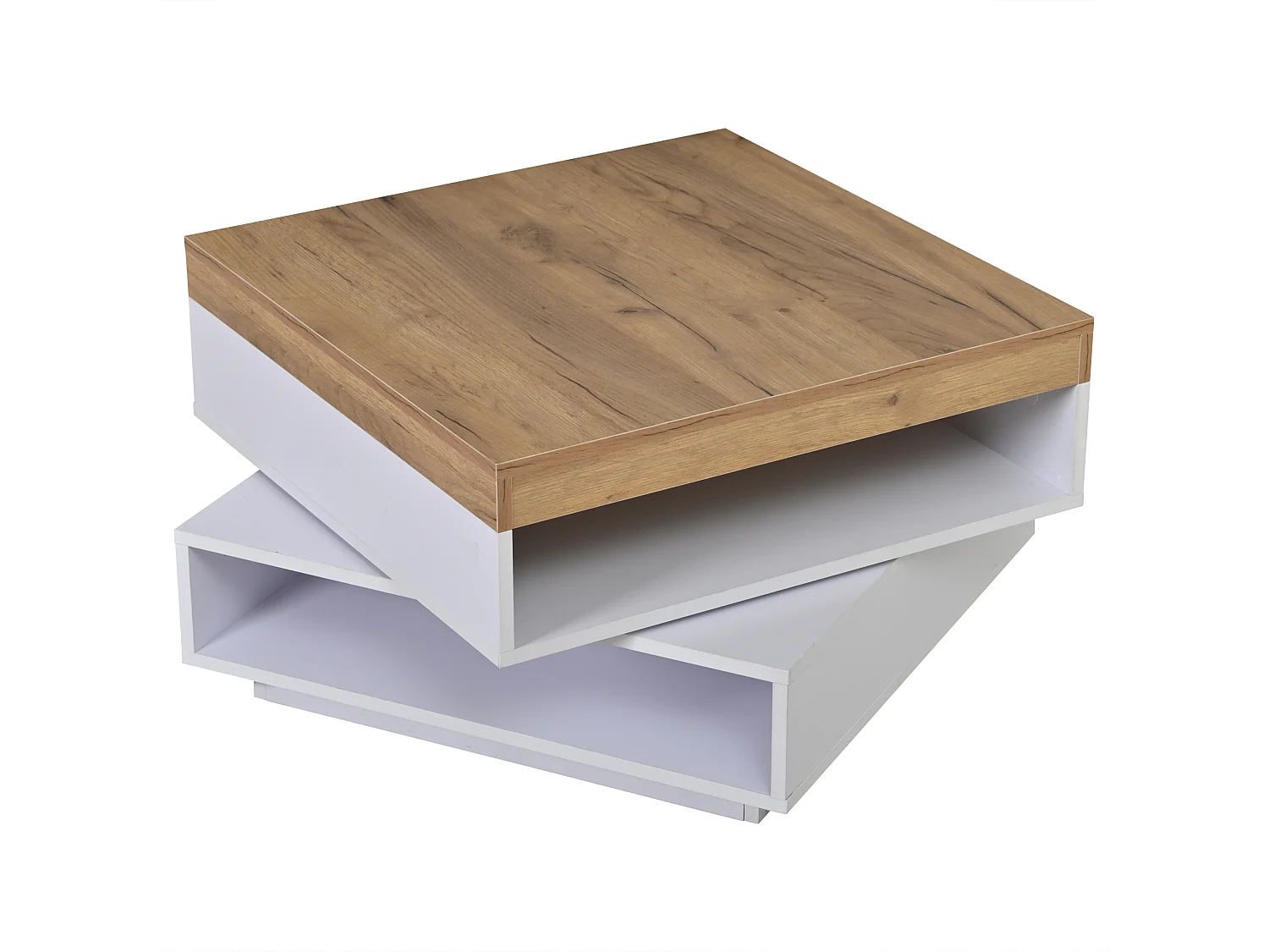 Table basse pivotante à 360° - 65 x 65 x 40 cm - avec Leds + rangement - MDF - blanc + naturel