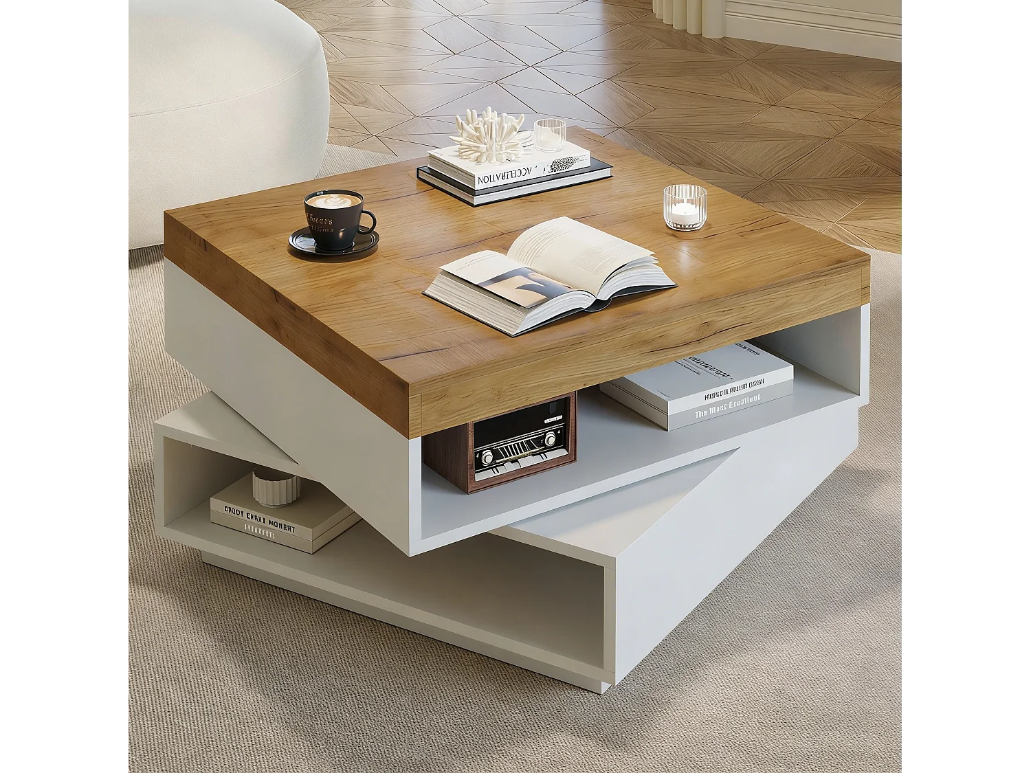 Table basse pivotante à 360° - 65 x 65 x 40 cm - avec Leds + rangement - MDF - blanc + naturel