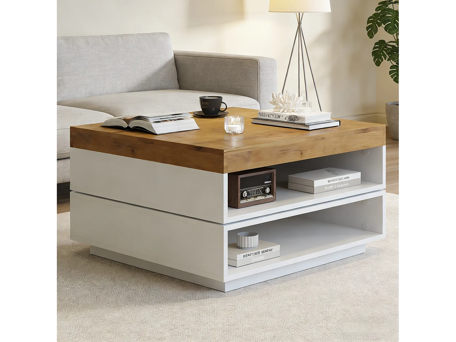 Table basse pivotante à 360° - 65 x 65 x 40 cm - avec Leds + rangement - MDF - blanc + naturel