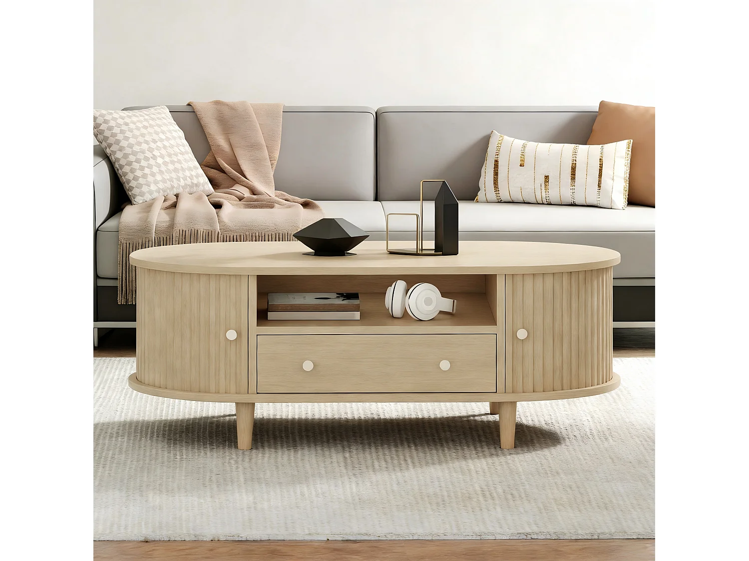 Table basse de salon - 100 x 50 x 36 cm - avec tiroir + rangement ouvert + portes coulissantes - MDF - naturel