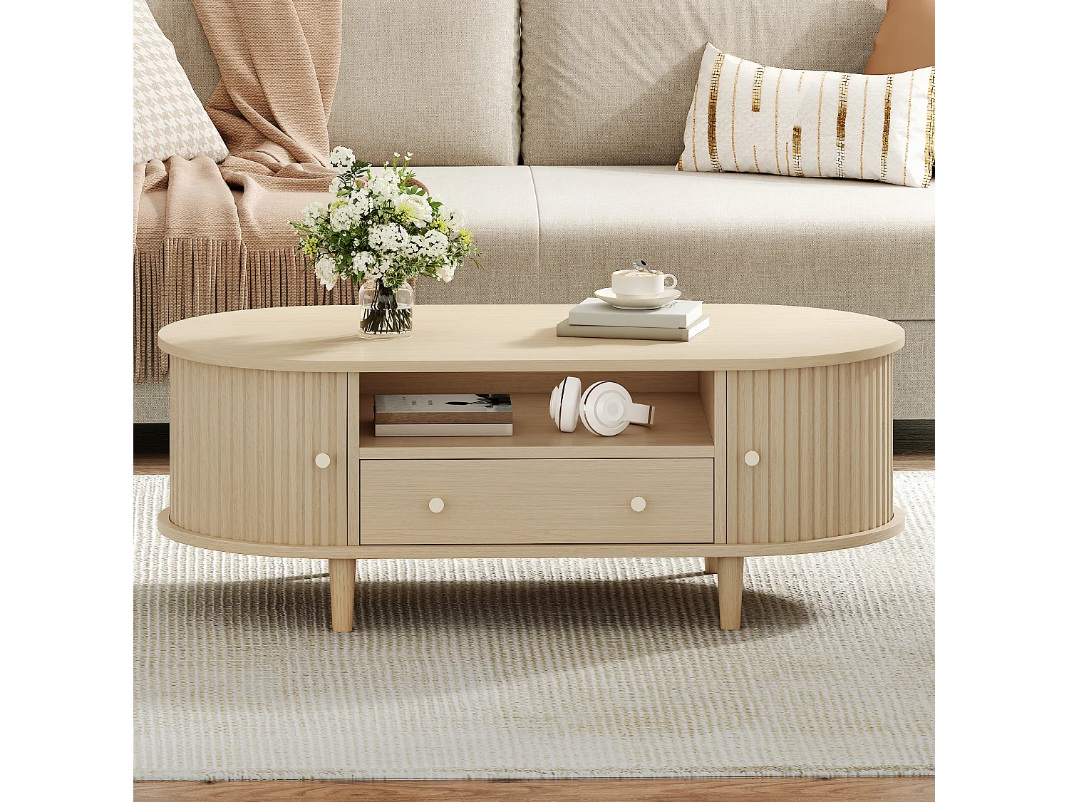 Table basse de salon - 100 x 50 x 36 cm - avec tiroir + rangement ouvert + portes coulissantes - MDF - naturel