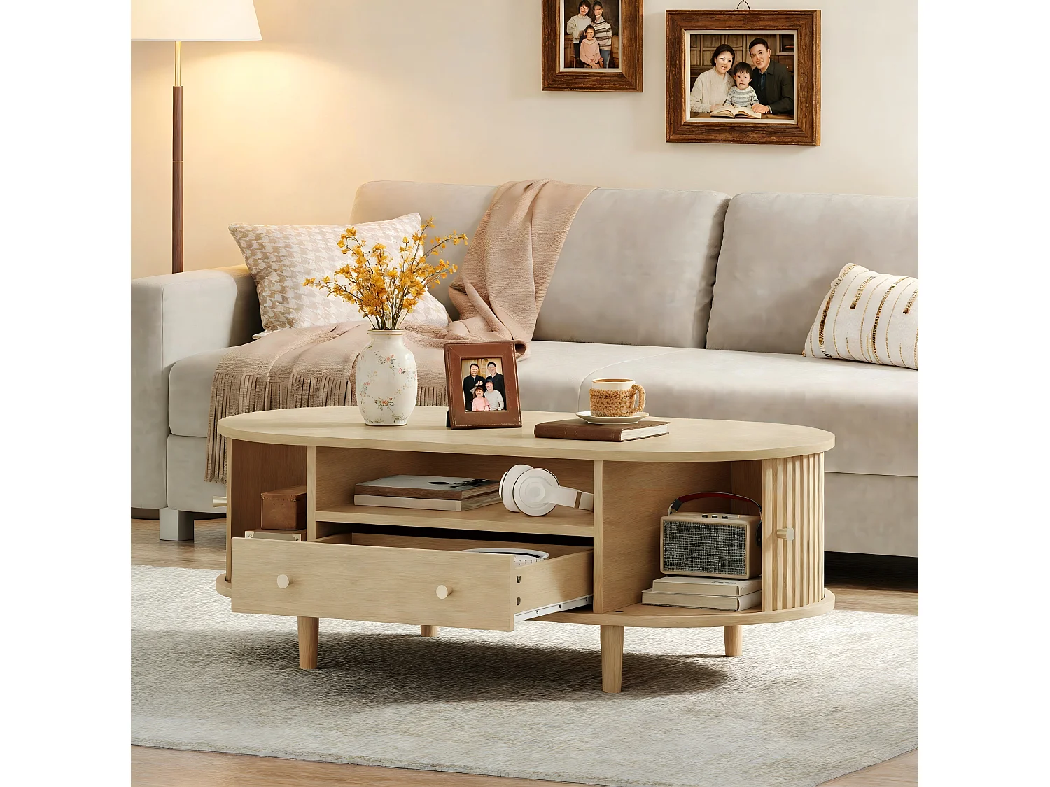 Table basse de salon - 100 x 50 x 36 cm - avec tiroir + rangement ouvert + portes coulissantes - MDF - naturel