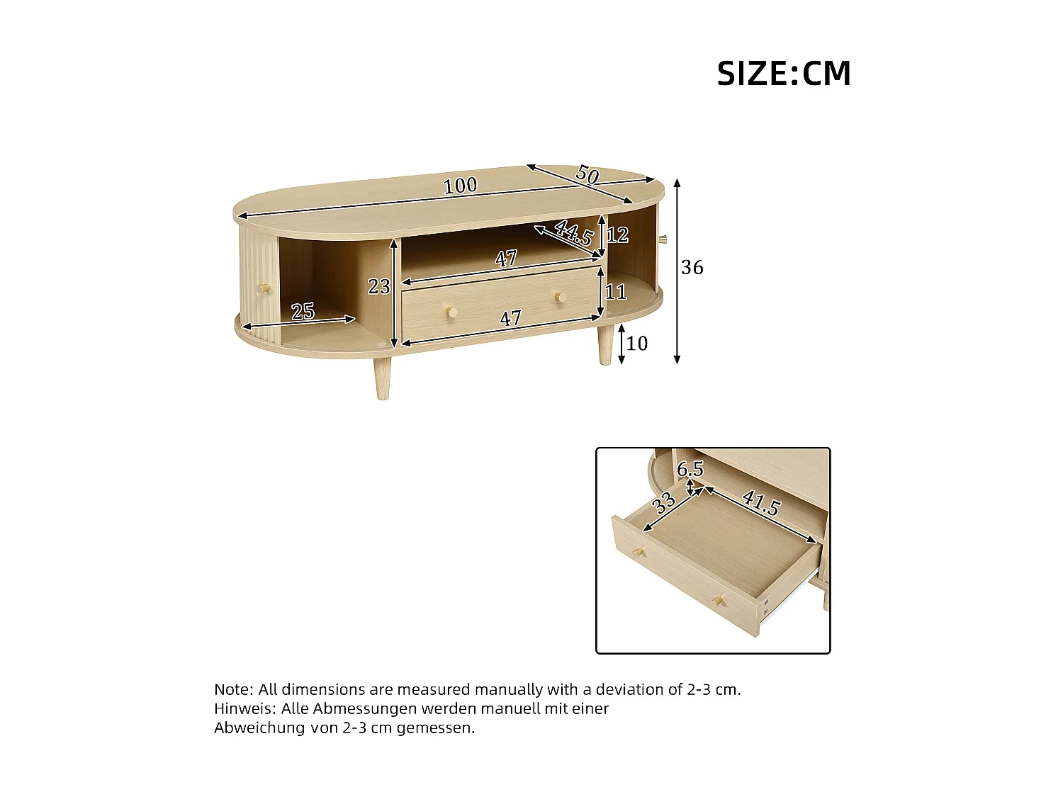 Table basse de salon - 100 x 50 x 36 cm - avec tiroir + rangement ouvert + portes coulissantes - MDF - naturel