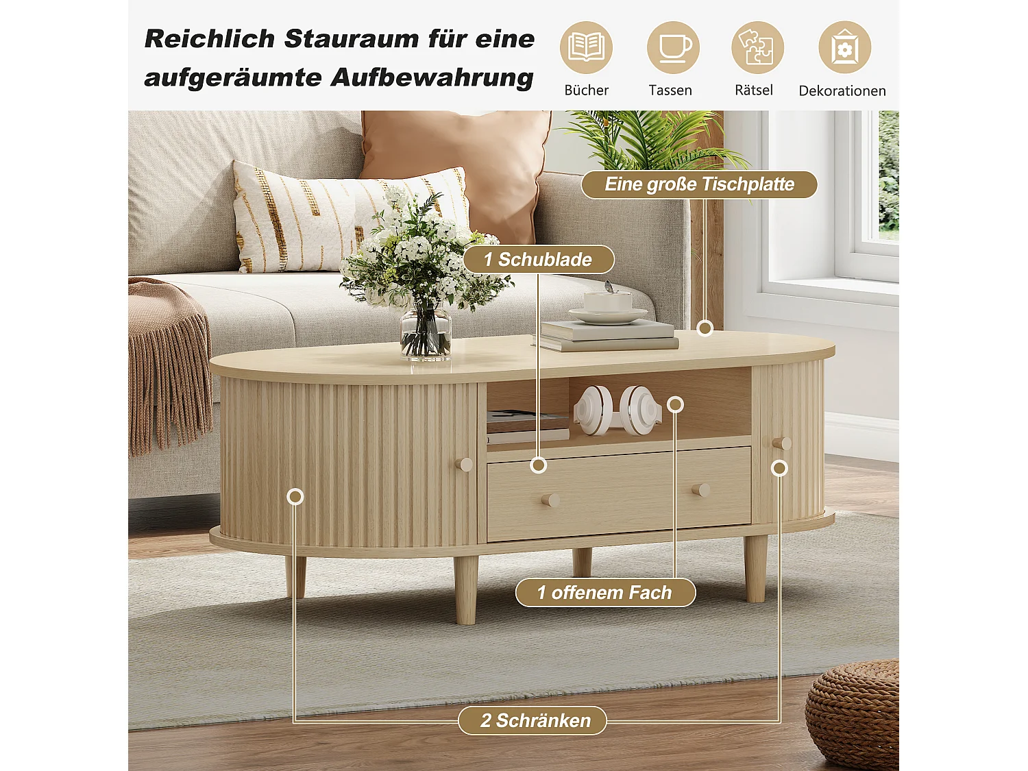 Table basse de salon - 100 x 50 x 36 cm - avec tiroir + rangement ouvert + portes coulissantes - MDF - naturel