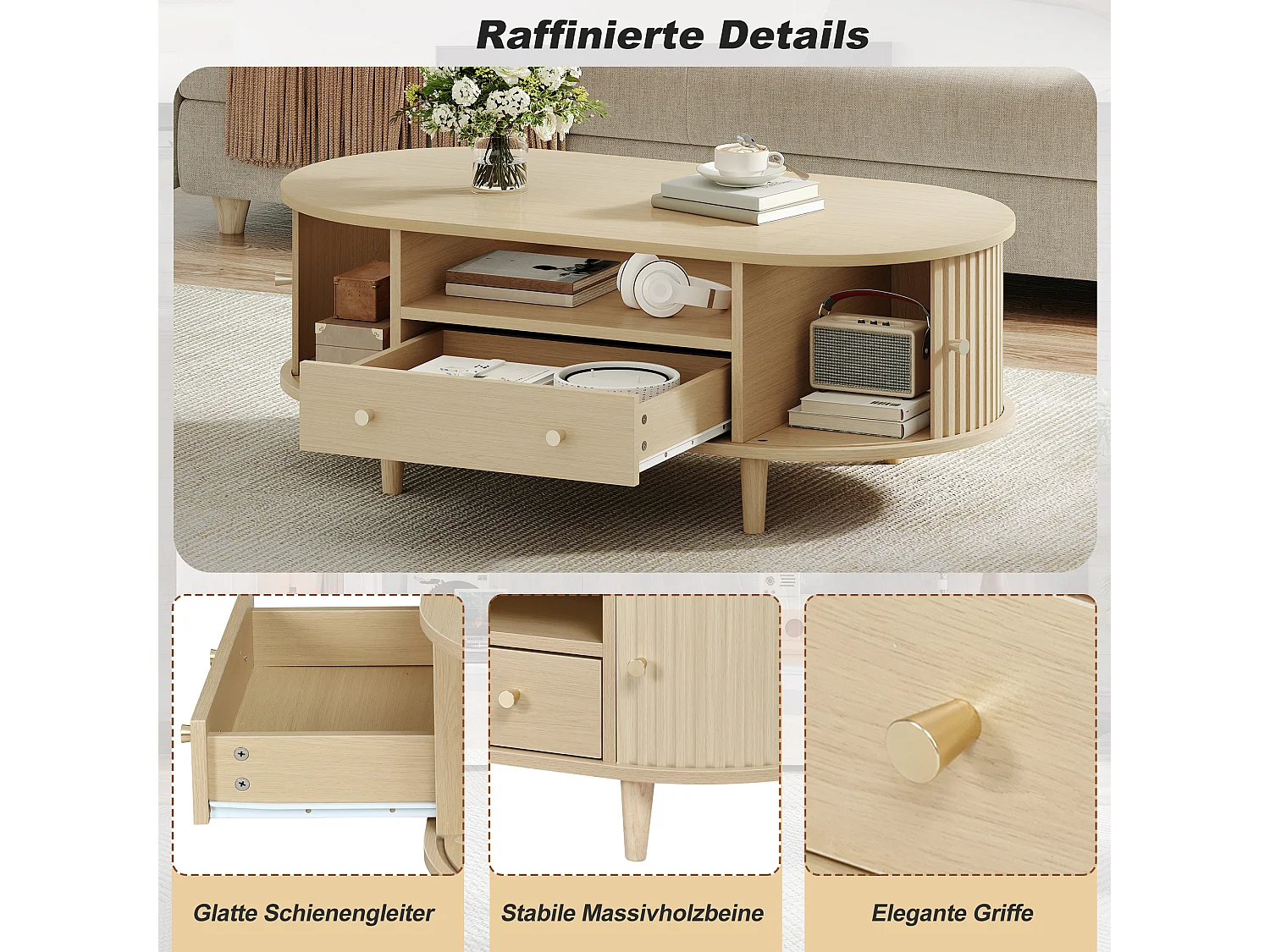 Table basse de salon - 100 x 50 x 36 cm - avec tiroir + rangement ouvert + portes coulissantes - MDF - naturel