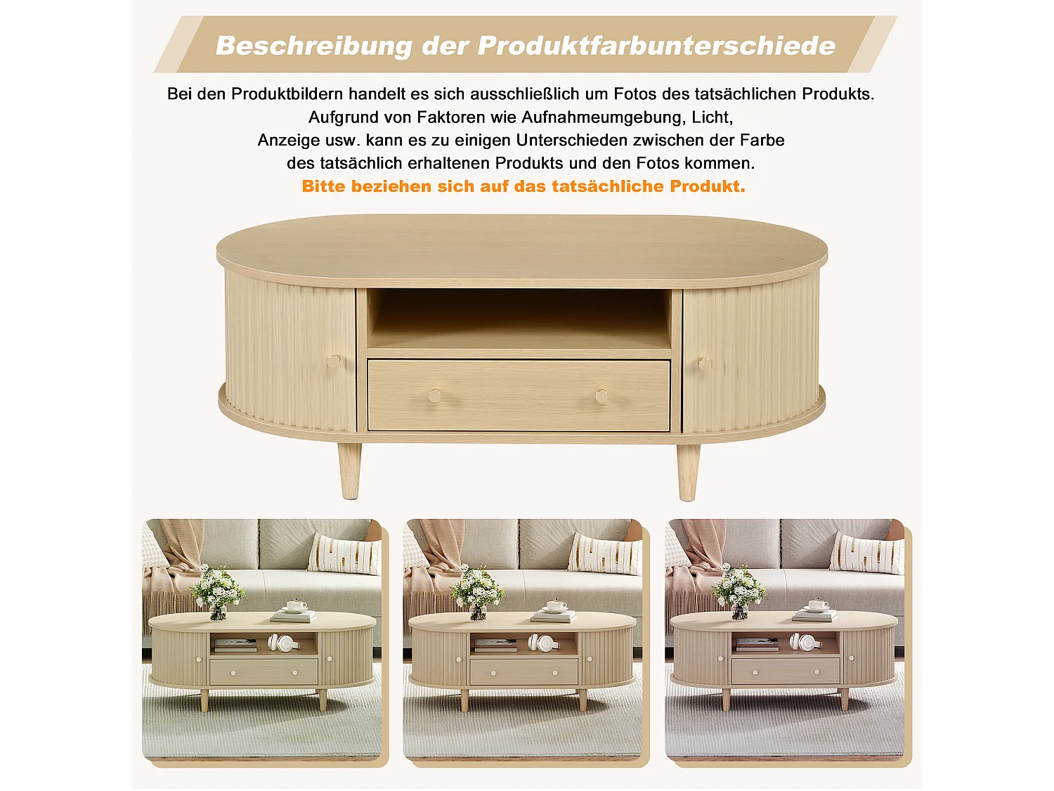 Table basse de salon - 100 x 50 x 36 cm - avec tiroir + rangement ouvert + portes coulissantes - MDF - naturel