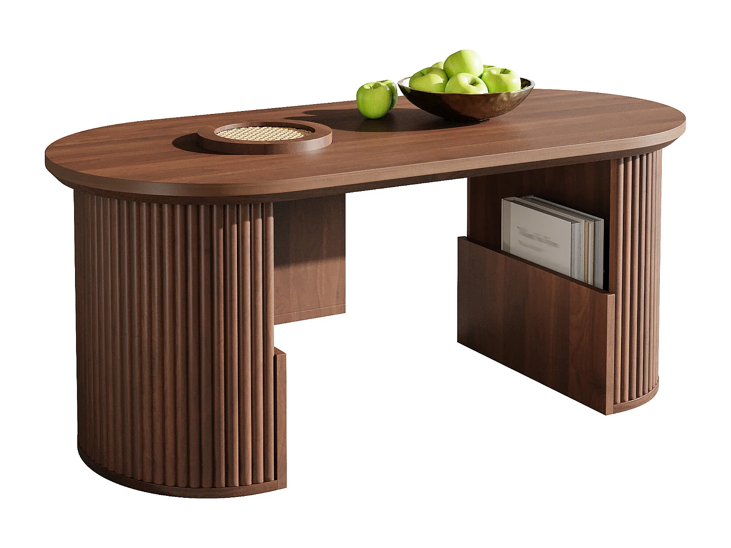 Nowoczesny stolik kawowy w stylu retro - 105 x 50 x 46,5 cm - z orzecha włoskiego o pionowej fakturze - z miejscem do przechowywania - płyta MDF - brązowy