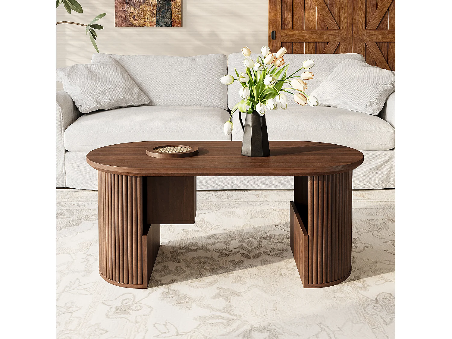 Nowoczesny stolik kawowy w stylu retro - 105 x 50 x 46,5 cm - z orzecha włoskiego o pionowej fakturze - z miejscem do przechowywania - płyta MDF - brązowy