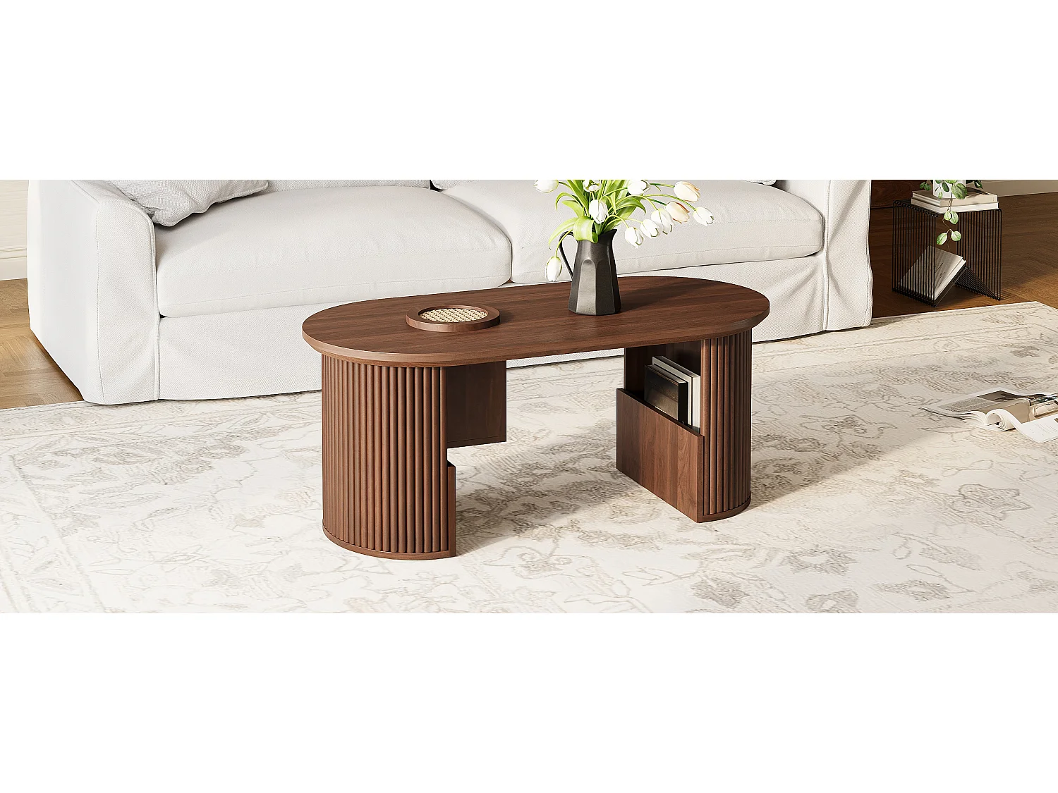 Nowoczesny stolik kawowy w stylu retro - 105 x 50 x 46,5 cm - z orzecha włoskiego o pionowej fakturze - z miejscem do przechowywania - płyta MDF - brązowy