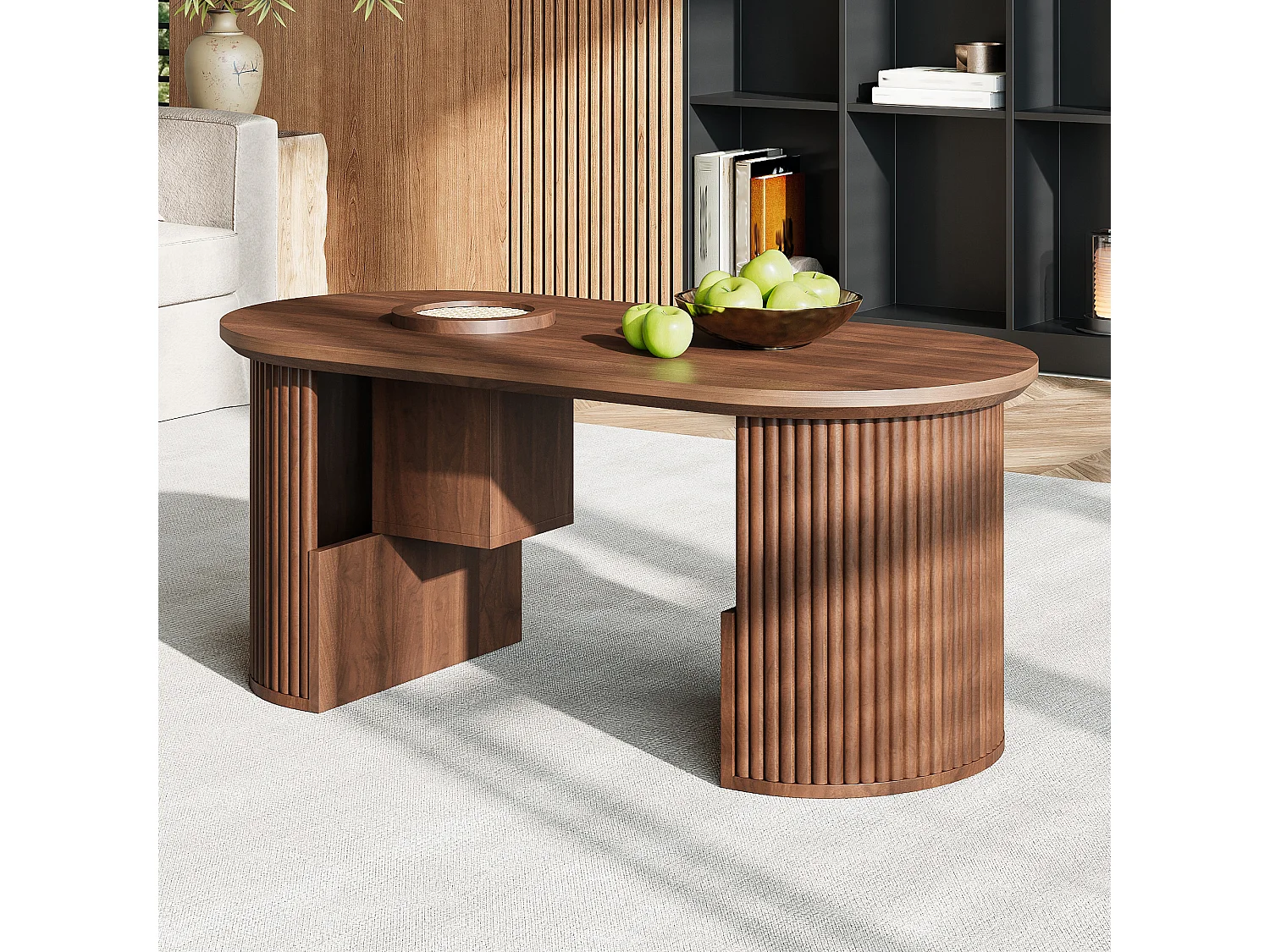 Nowoczesny stolik kawowy w stylu retro - 105 x 50 x 46,5 cm - z orzecha włoskiego o pionowej fakturze - z miejscem do przechowywania - płyta MDF - brązowy