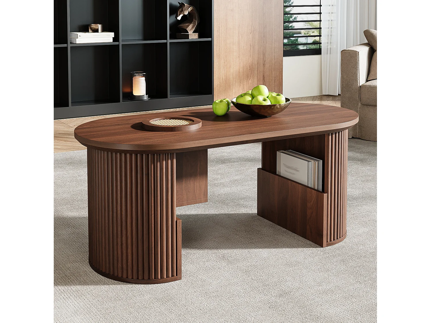 Nowoczesny stolik kawowy w stylu retro - 105 x 50 x 46,5 cm - z orzecha włoskiego o pionowej fakturze - z miejscem do przechowywania - płyta MDF - brązowy