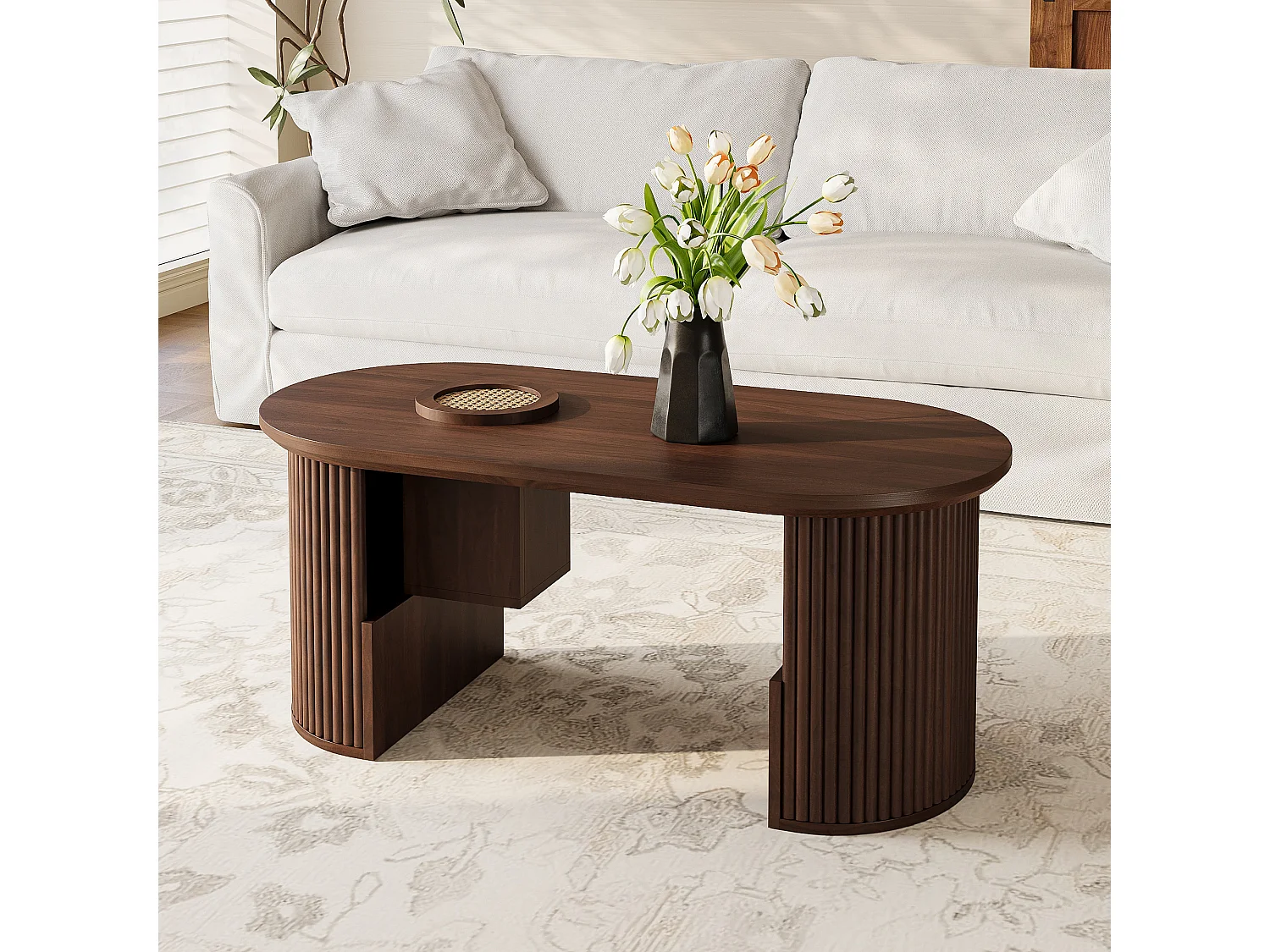 Moderner Couchtisch im Retro-Stil – 105 x 50 x 46,5 cm – in vertikal strukturiertem Walnussholz – mit Stauraum – MDF – braun