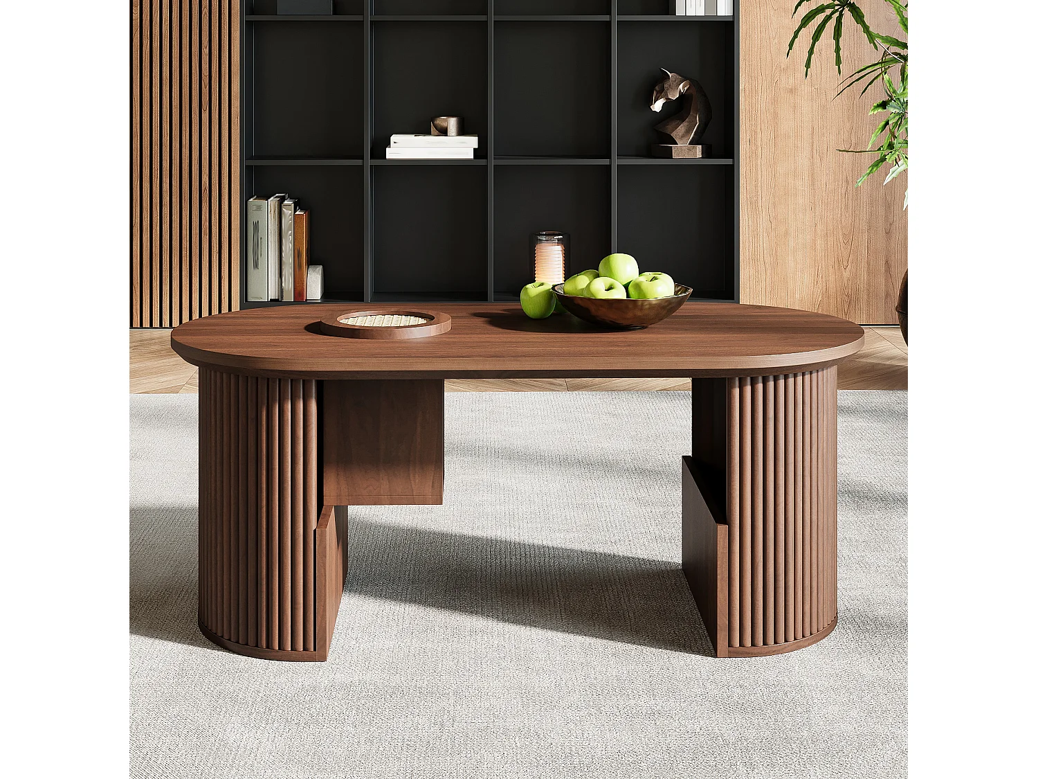 Moderner Couchtisch im Retro-Stil – 105 x 50 x 46,5 cm – in vertikal strukturiertem Walnussholz – mit Stauraum – MDF – braun