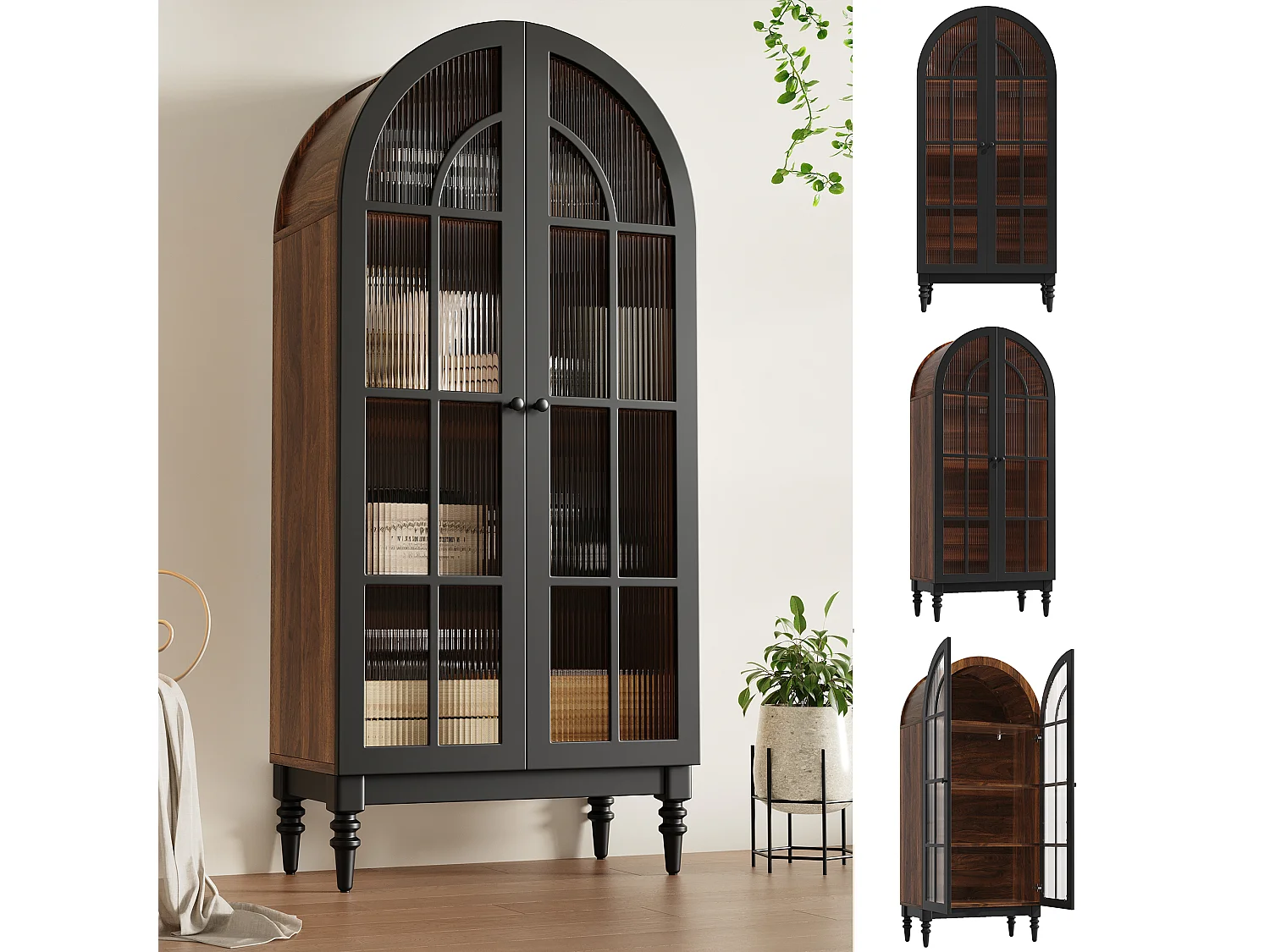 Wysoka, zakrzywiona komoda z wykończeniem imitującym drewno – 76 x 35,5 x 165 cm – z drzwiami szklanymi – do kuchni i salonu – MDF – czarna