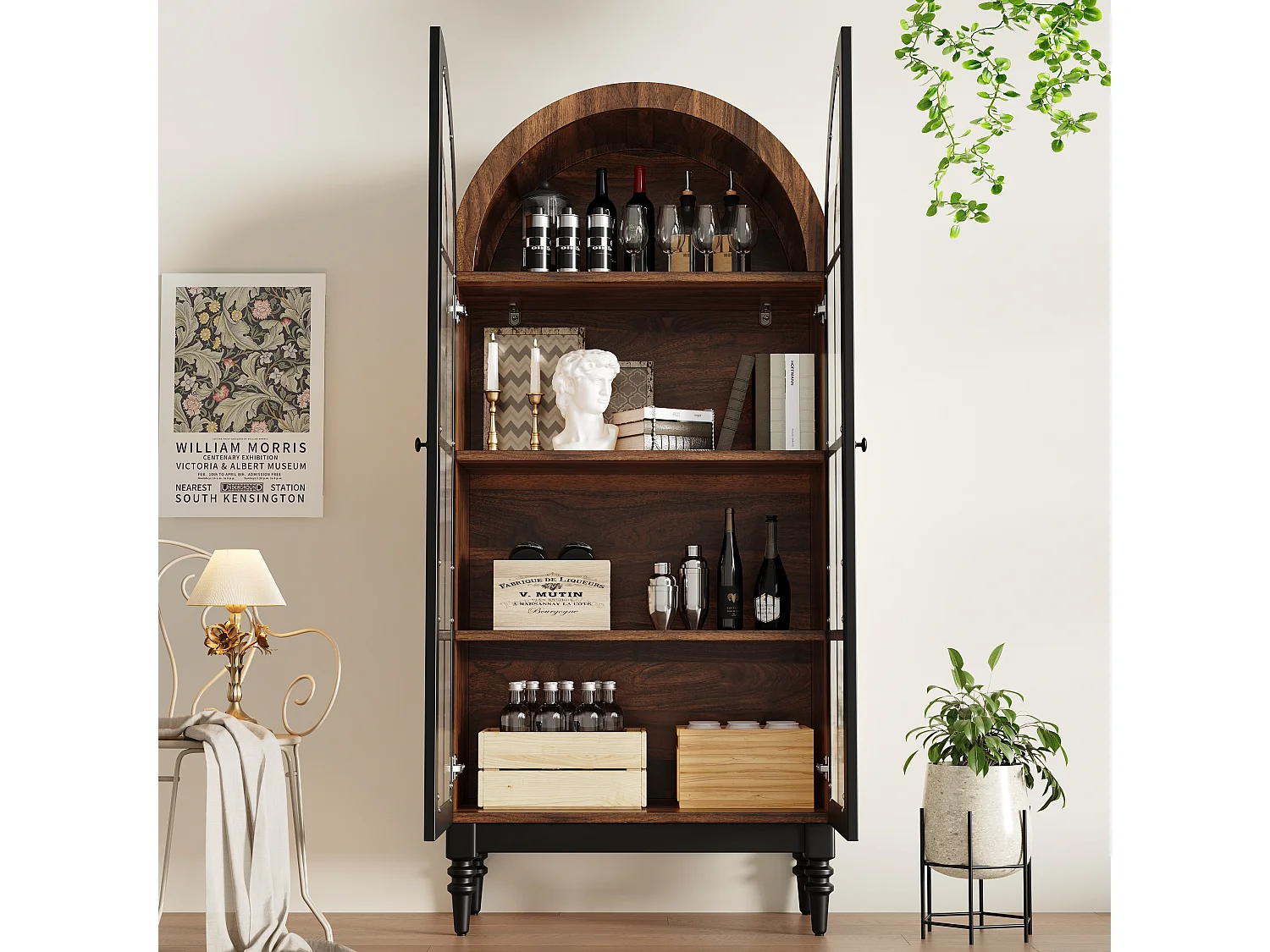 Wysoka, zakrzywiona komoda z wykończeniem imitującym drewno – 76 x 35,5 x 165 cm – z drzwiami szklanymi – do kuchni i salonu – MDF – czarna