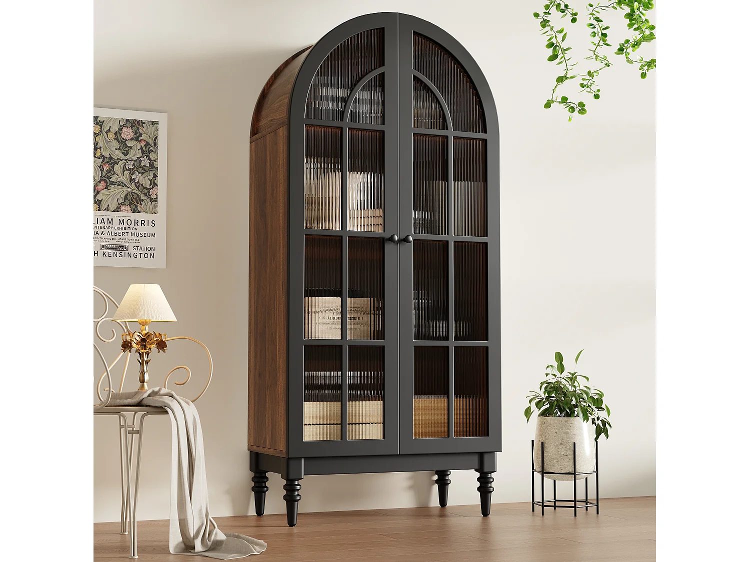 Wysoka, zakrzywiona komoda z wykończeniem imitującym drewno – 76 x 35,5 x 165 cm – z drzwiami szklanymi – do kuchni i salonu – MDF – czarna