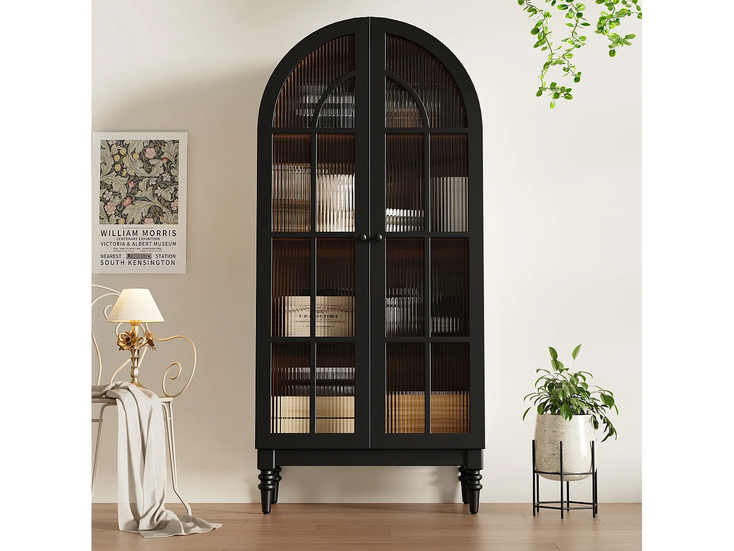 Wysoka, zakrzywiona komoda z wykończeniem imitującym drewno – 76 x 35,5 x 165 cm – z drzwiami szklanymi – do kuchni i salonu – MDF – czarna