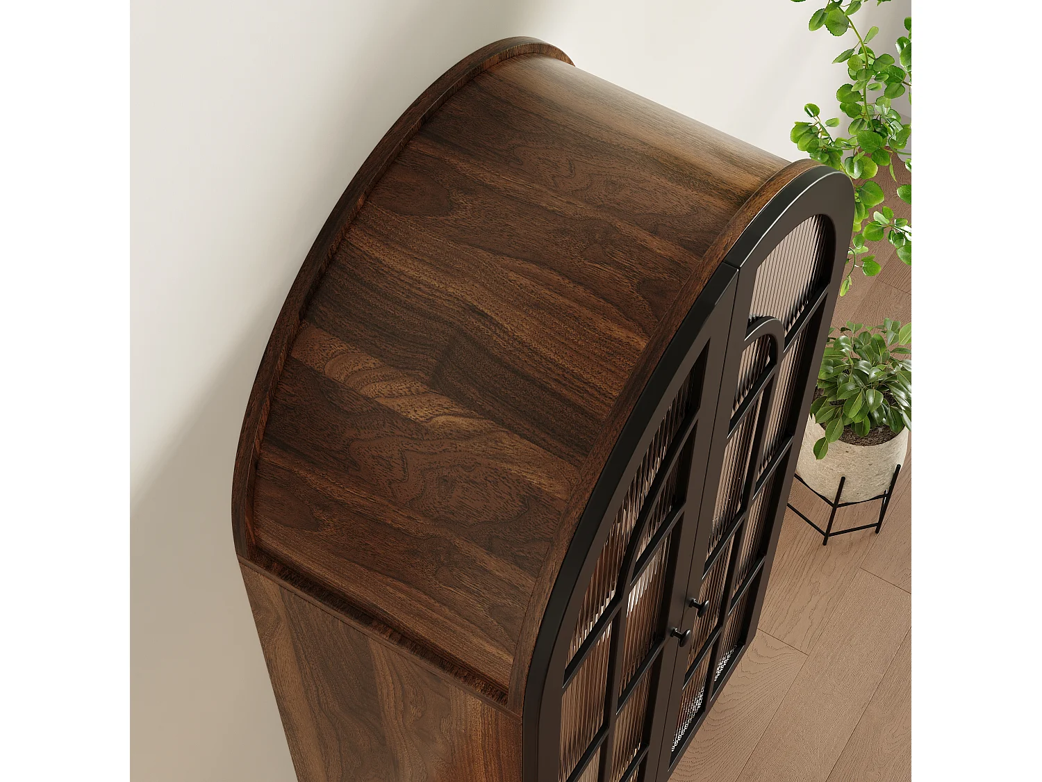 Wysoka, zakrzywiona komoda z wykończeniem imitującym drewno – 76 x 35,5 x 165 cm – z drzwiami szklanymi – do kuchni i salonu – MDF – czarna