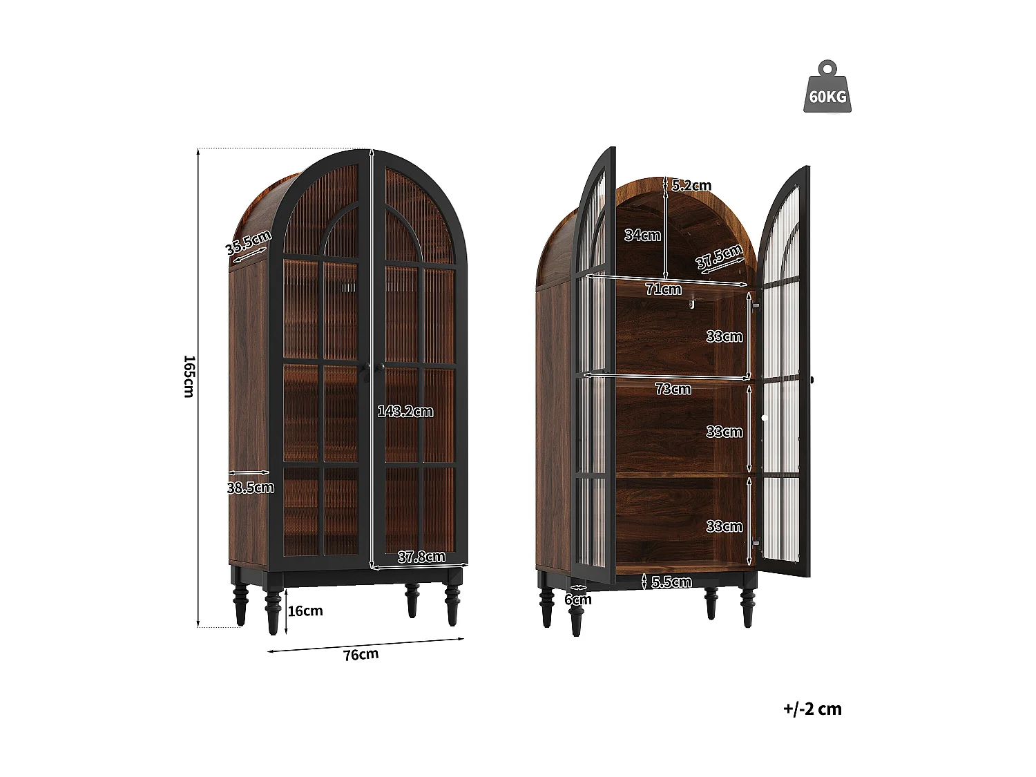 Wysoka, zakrzywiona komoda z wykończeniem imitującym drewno – 76 x 35,5 x 165 cm – z drzwiami szklanymi – do kuchni i salonu – MDF – czarna