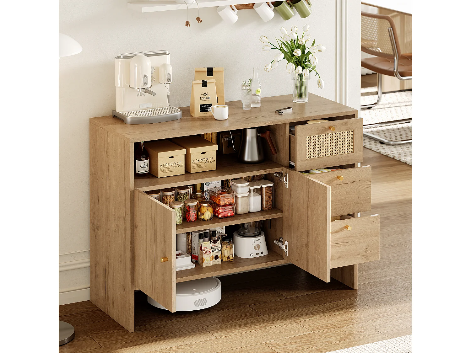 Buffet de salon - 105 x 40 x 76 cm - avec 2 portes + 3 tiroirs + poignées en rotin doré - aggloméré - naturel