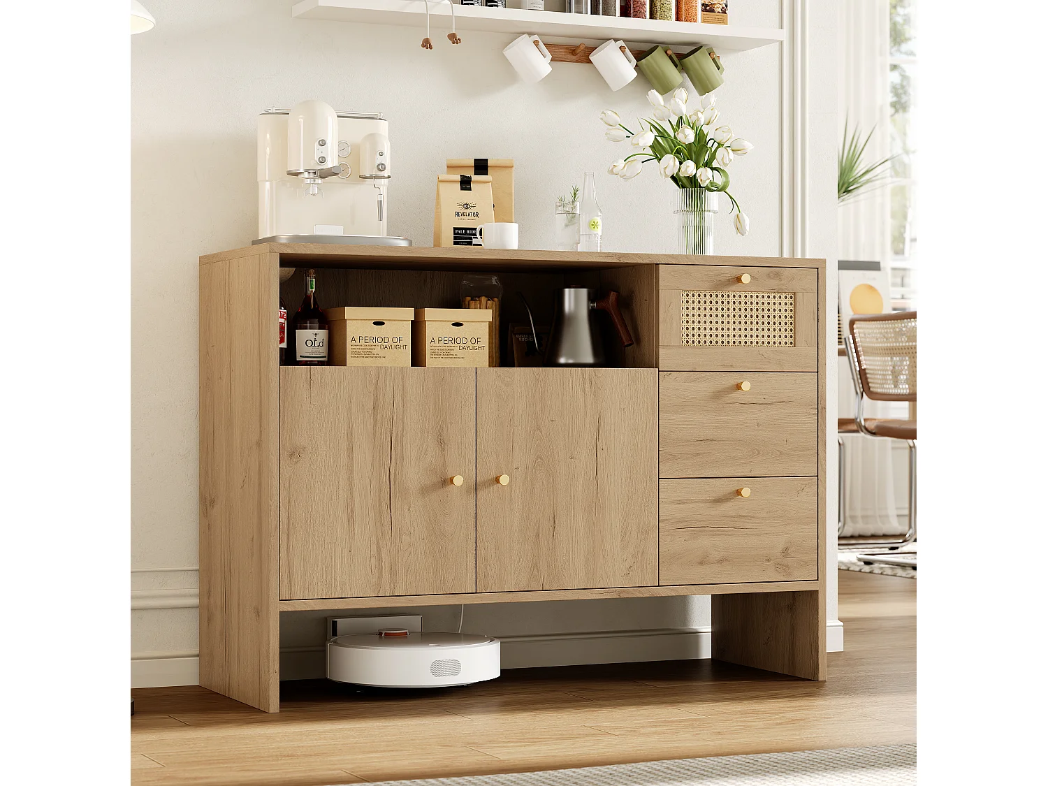 Buffet de salon - 105 x 40 x 76 cm - avec 2 portes + 3 tiroirs + poignées en rotin doré - aggloméré - naturel