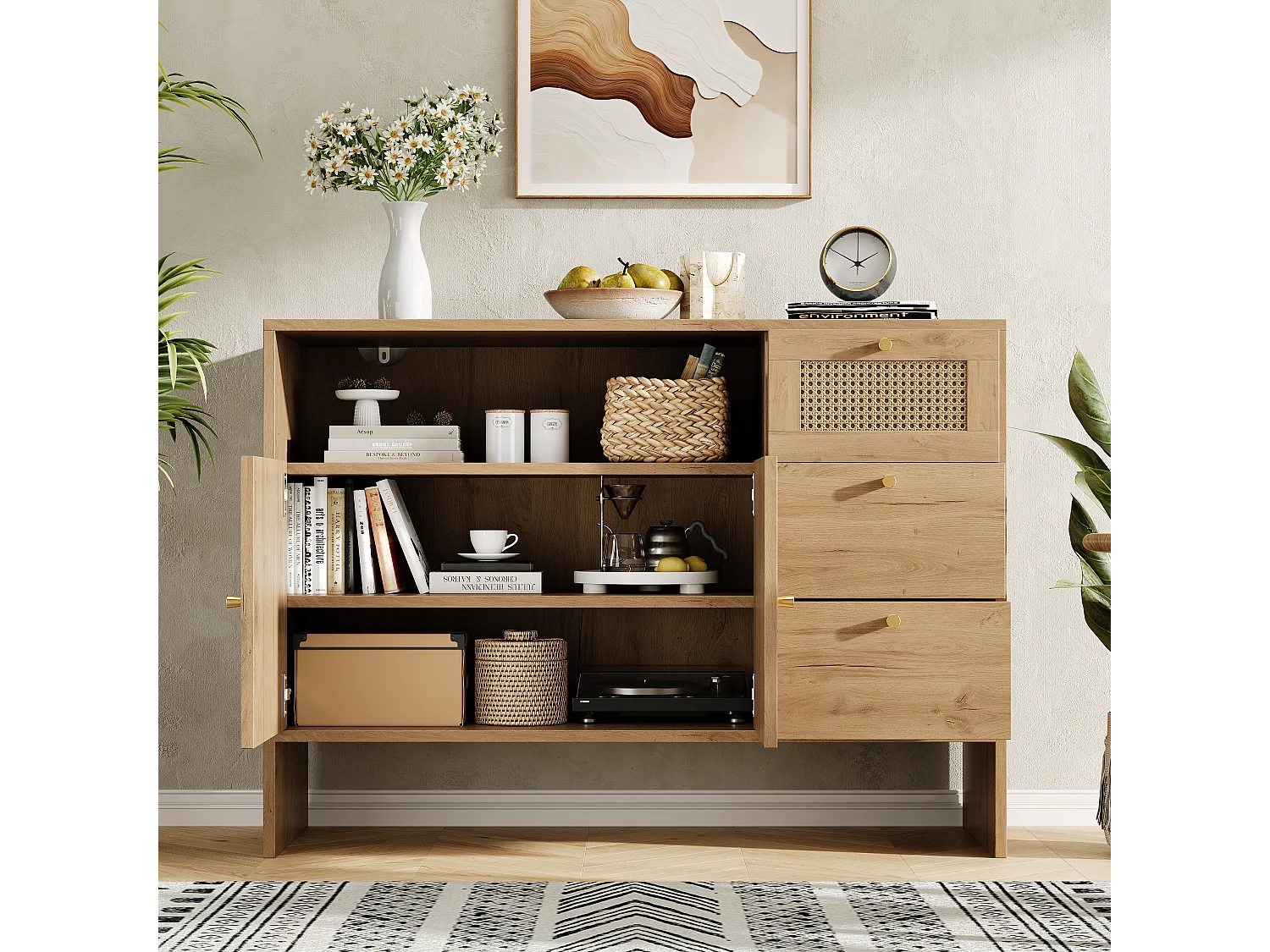 Buffet de salon - 105 x 40 x 76 cm - avec 2 portes + 3 tiroirs + poignées en rotin doré - aggloméré - naturel